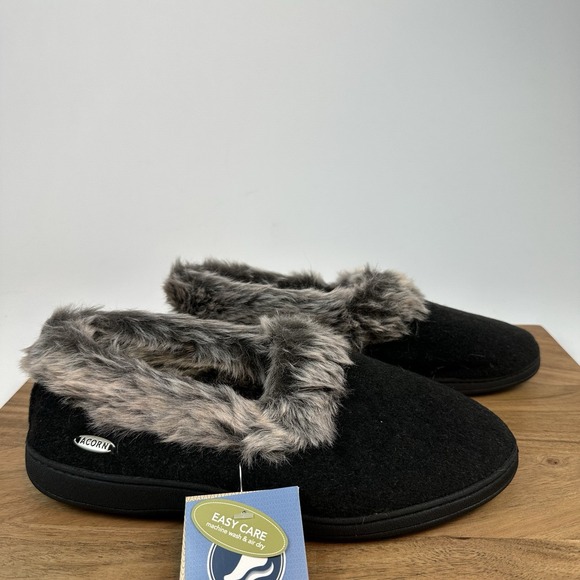 New NWT Acorn Chinchilla‎ Collar Black Faux Fur Slippers Shoes Size 8 - 9 Wide - Picture 1 of 8